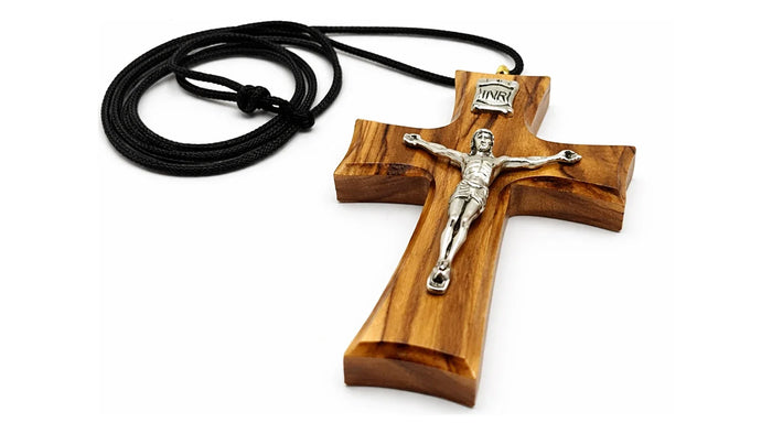 Olive wood crucifix necklace from Bethlehem with a black cord