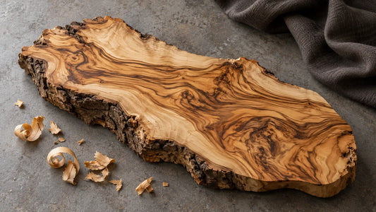 Olive wood grain on an irregular offcut beside curled wood shavings