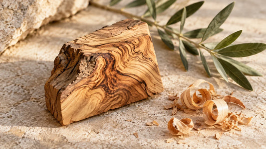 Olive wood offcut, curled shavings and an olive twig on pale stone