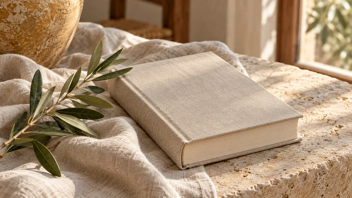A plain linen-bound book and olive twig in soft window light