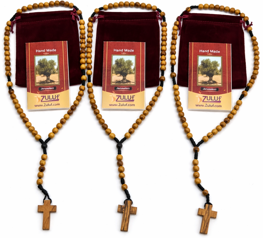 Set of 3 Olive Wood Rosary Beads Handmade in Bethlehem – Catholic Wooden Rosary with Cross – Includes 3 Velvet Bags & 3 Certificates – Holy Land Christian Gift