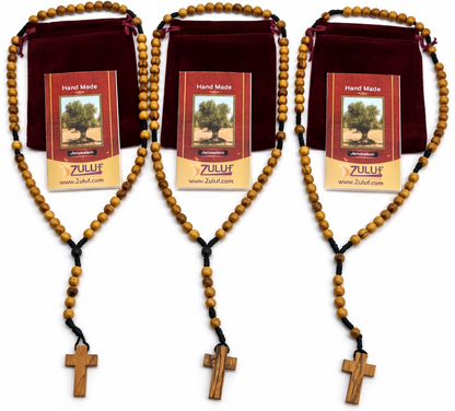 Set of 3 Olive Wood Rosary Beads Handmade in Bethlehem – Catholic Wooden Rosary with Cross – Includes 3 Velvet Bags & 3 Certificates – Holy Land Christian Gift