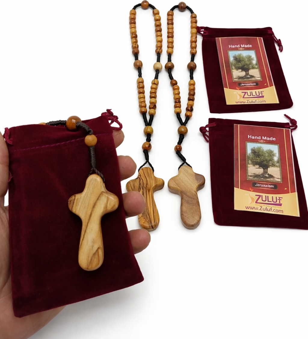 Olive Wood Rosary Handmade in Bethlehem – 11” Catholic Wooden Rosary with 33 Beads – Available as 1 Piece or Set of 3 – Includes Velvet Bag & Certificate – Holy Land Gift