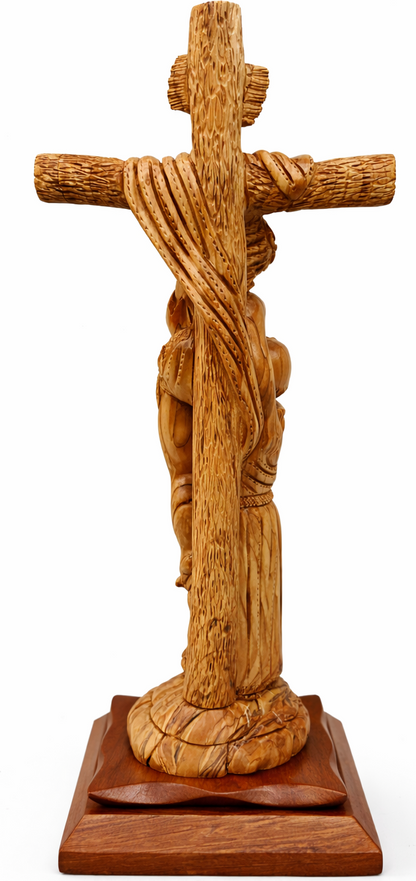 Hand-Carved Olive Wood Crucifix with Saint Figure from Bethlehem – Jesus on the Cross – Large Holy Land Christian Sculpture — 18.3 Inch