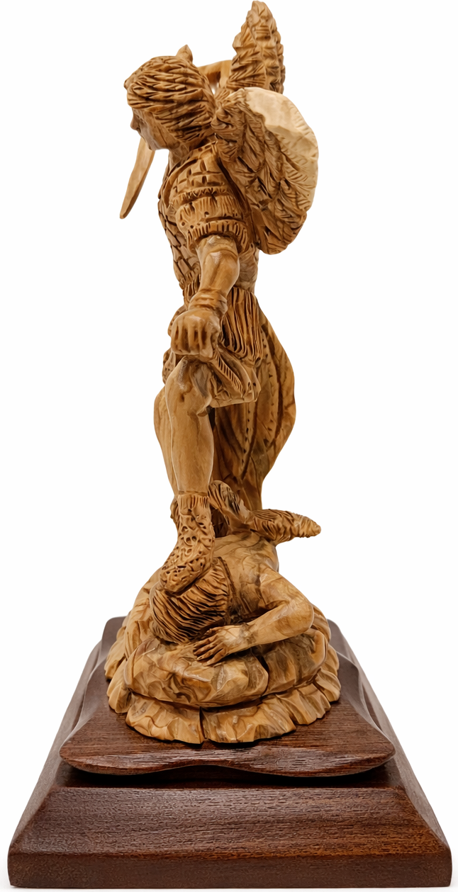 Hand Carved Olive Wood St. Michael the Archangel Statue 11” | Handmade Bethlehem Holy Land Christian Sculpture