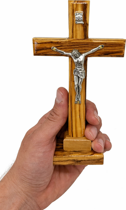 Handmade Olive Wood Crucifix from Bethlehem – Christian Cross with Metal Corpus & INRI – Holy Land Gift (4 Sizes)