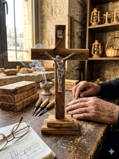 Handmade Olive Wood Crucifix from Bethlehem – Christian Cross with Metal Corpus & INRI – Holy Land Gift (4 Sizes)