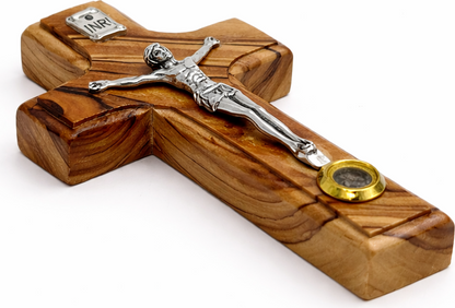 Olive Wood Wall Crucifix with INRI and Holy Land Relic from Bethlehem 3.6 Inches