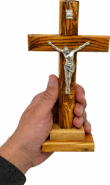 Handmade Olive Wood Crucifix from Bethlehem – Christian Cross with Metal Corpus & INRI – Holy Land Gift (4 Sizes)
