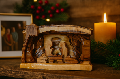 Hand Carved Olive Wood Nativity Scene from Bethlehem - Rustic Holy Family in Natural Bark Grotto