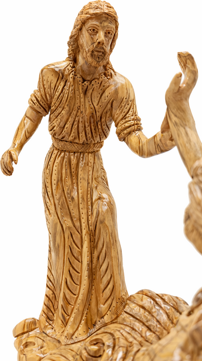 Hand Carved Olive Wood Jesus Saves Peter Statue | Handmade in Bethlehem, Holy Land — 14.8 Inch