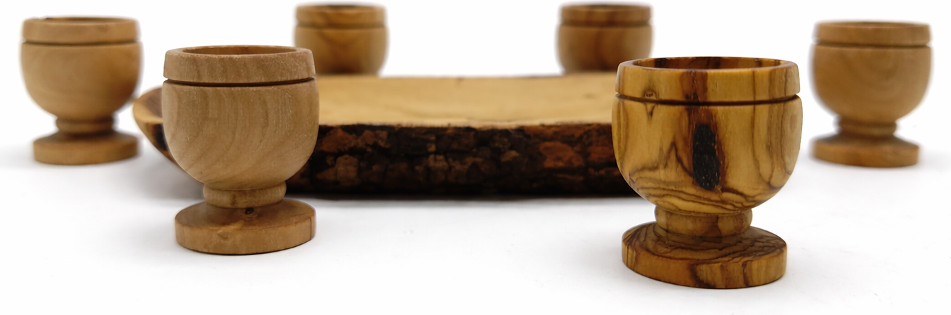 Olive Wood Mini Communion Cups Set of 6 with Bread Dish – Handmade in Bethlehem from Genuine Holy Land Olive Wood