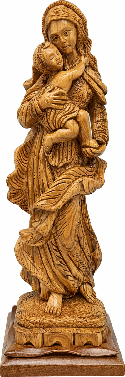 Hand Carved Olive Wood Virgin Mary & Baby Jesus Statue 20.7” | Handmade Holy Land Bethlehem Sculpture