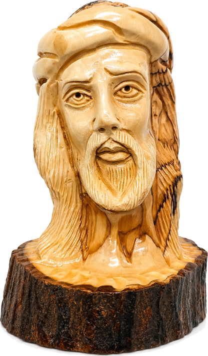 1 Olive Wood Christ Bust Statue Bethlehem Natural Bark Base
