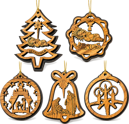 1 Olive Wood Christmas Ornaments Set 5 Bethlehem Laser Carved