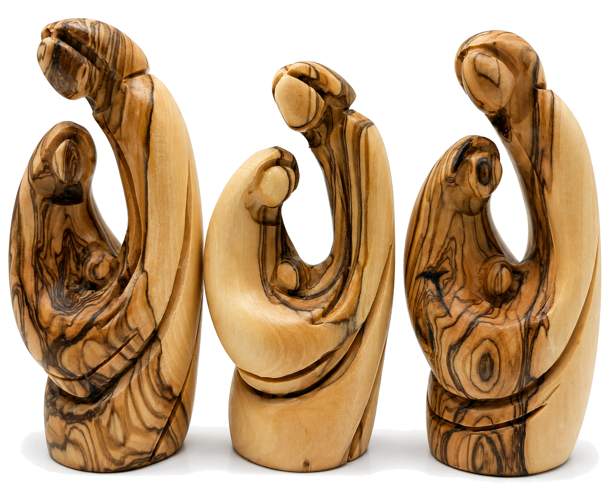 Olive wood nativity set of 3 abstract Holy Family statues hand carved in Bethlehem