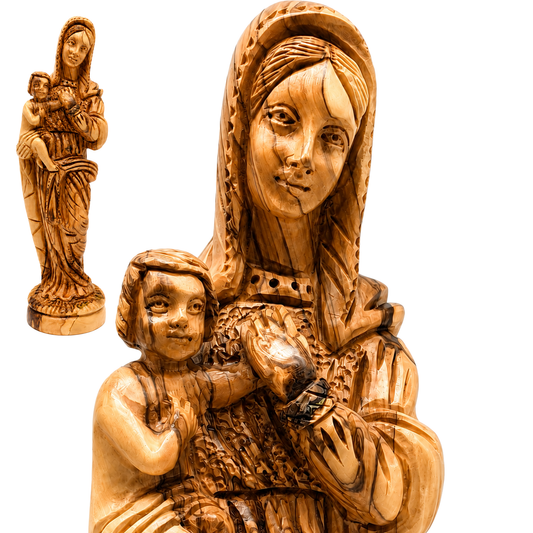Large Olive Wood Virgin Mary Holding Baby Jesus Statue