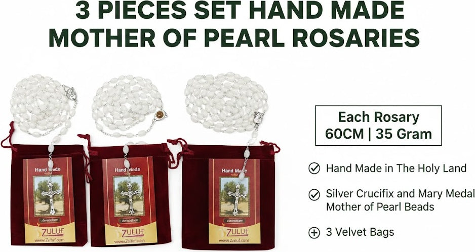 Set of 3 Mother of Pearl Rosaries Handmade in Jerusalem – 23.6” Catholic Rosary with Silver Crucifix – Wedding & Baptism Gift – Includes Velvet Bags & Certificates