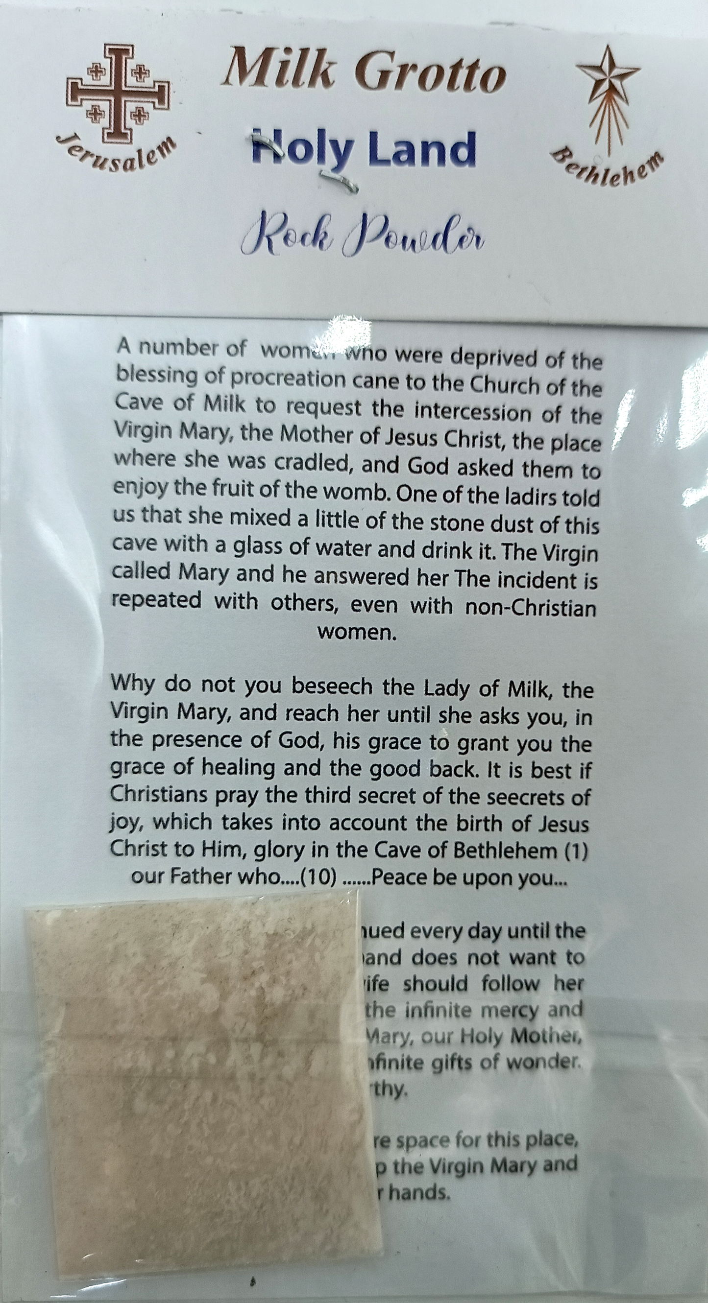 Milk Grotto Holy Land Rock Powder – 3.5" x 2.9" Fertility Blessing from Bethlehem | Virgin Mary Devotional