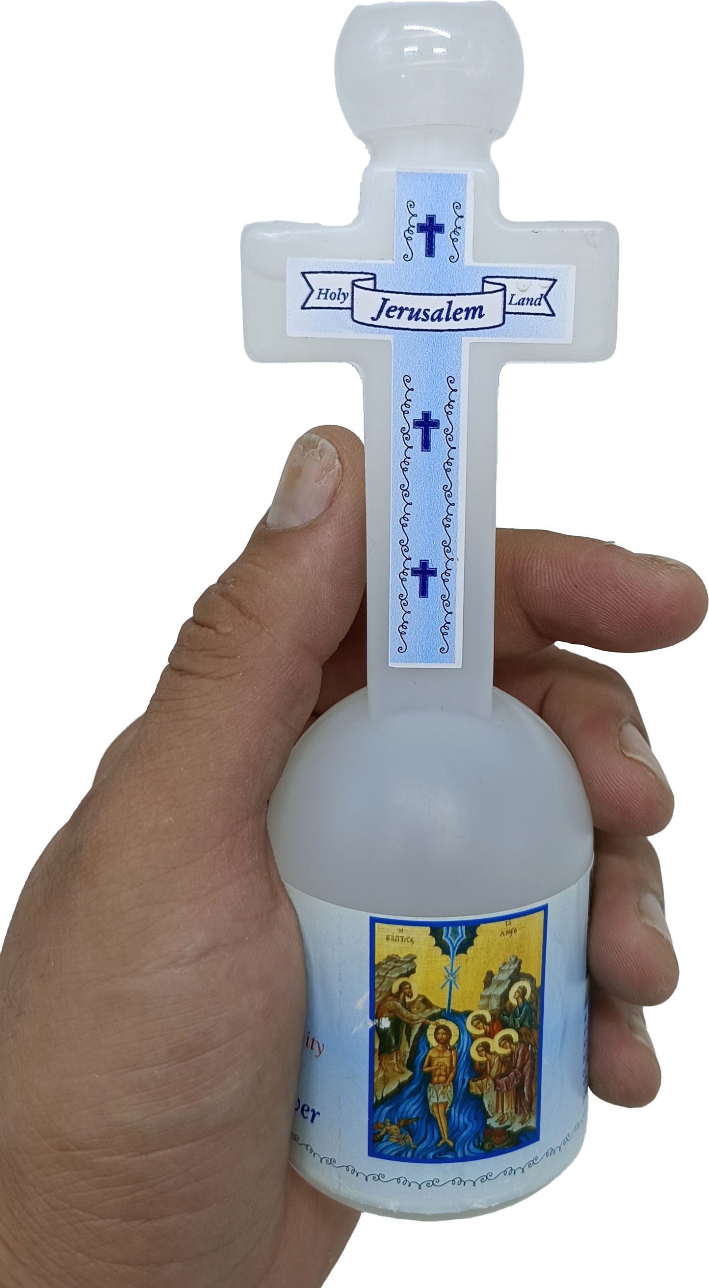 Cross-Shaped Holy Water Bottle from Jordan River – 5.3" Tall | 152g | Holy Land Souvenir with Jerusalem Label
