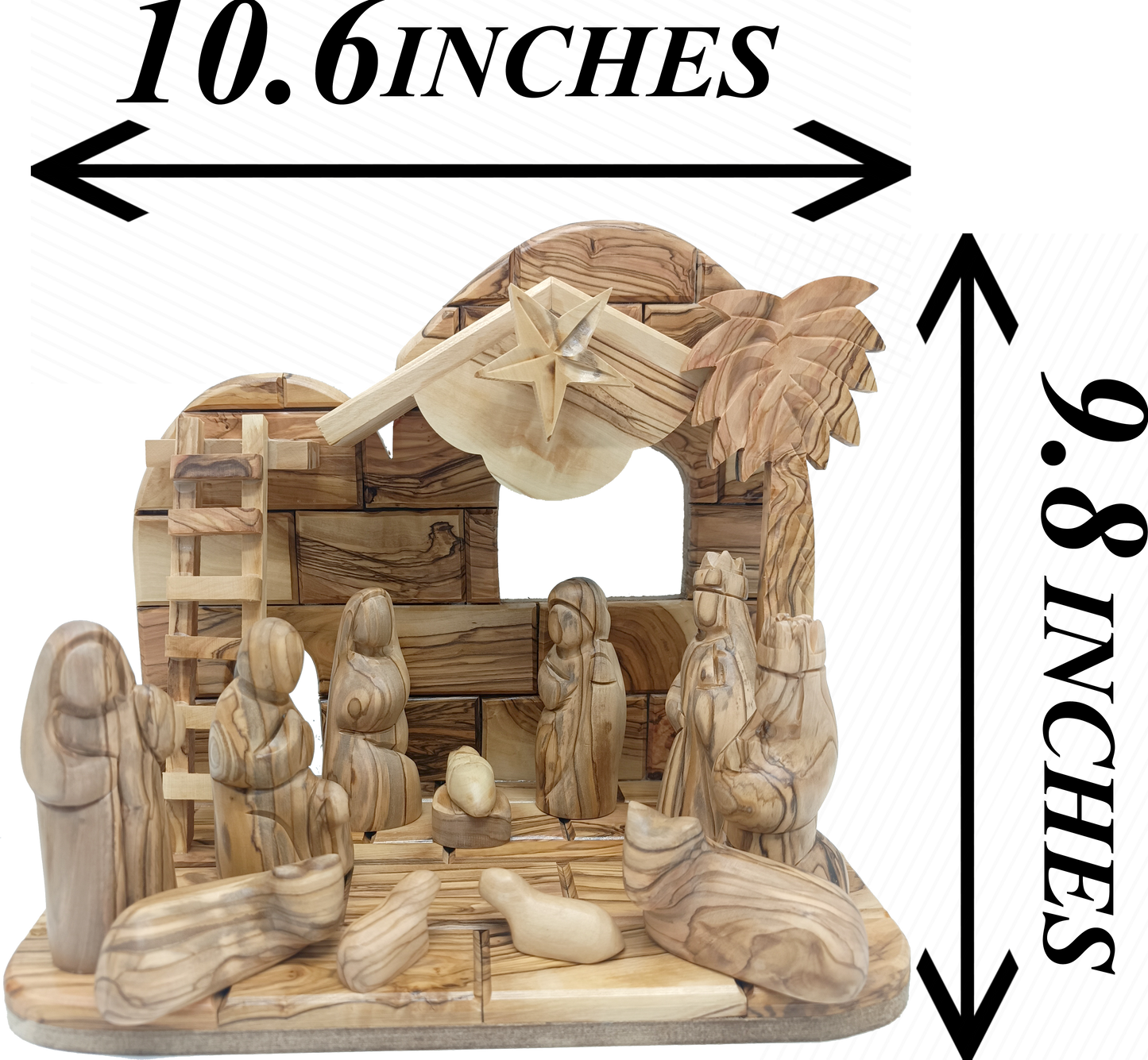 Premium Hand-Carved Olive Wood Nativity Scene from Bethlehem with 12 Figurines and Stable (9.8 Inches Approximate)