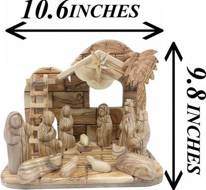 Premium Hand-Carved Olive Wood Nativity Scene from Bethlehem with 12 Figurines and Stable (9.8 Inches Approximate)