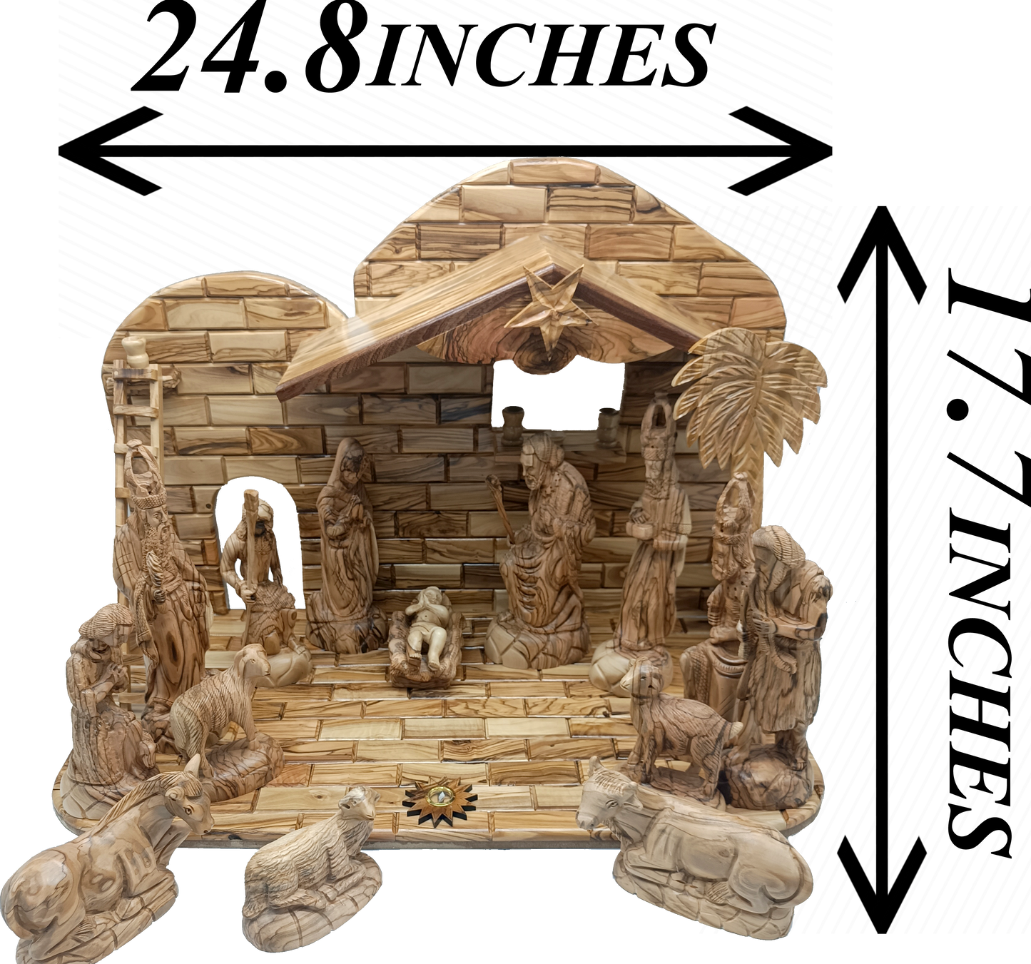 Luxury Olive Wood Nativity Set from Bethlehem with Hand-Carved Stable and 17 Figurines (17.7 Inches Approximate)