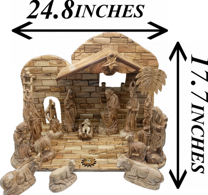 Luxury Olive Wood Nativity Set from Bethlehem with Hand-Carved Stable and 17 Figurines (17.7 Inches Approximate)