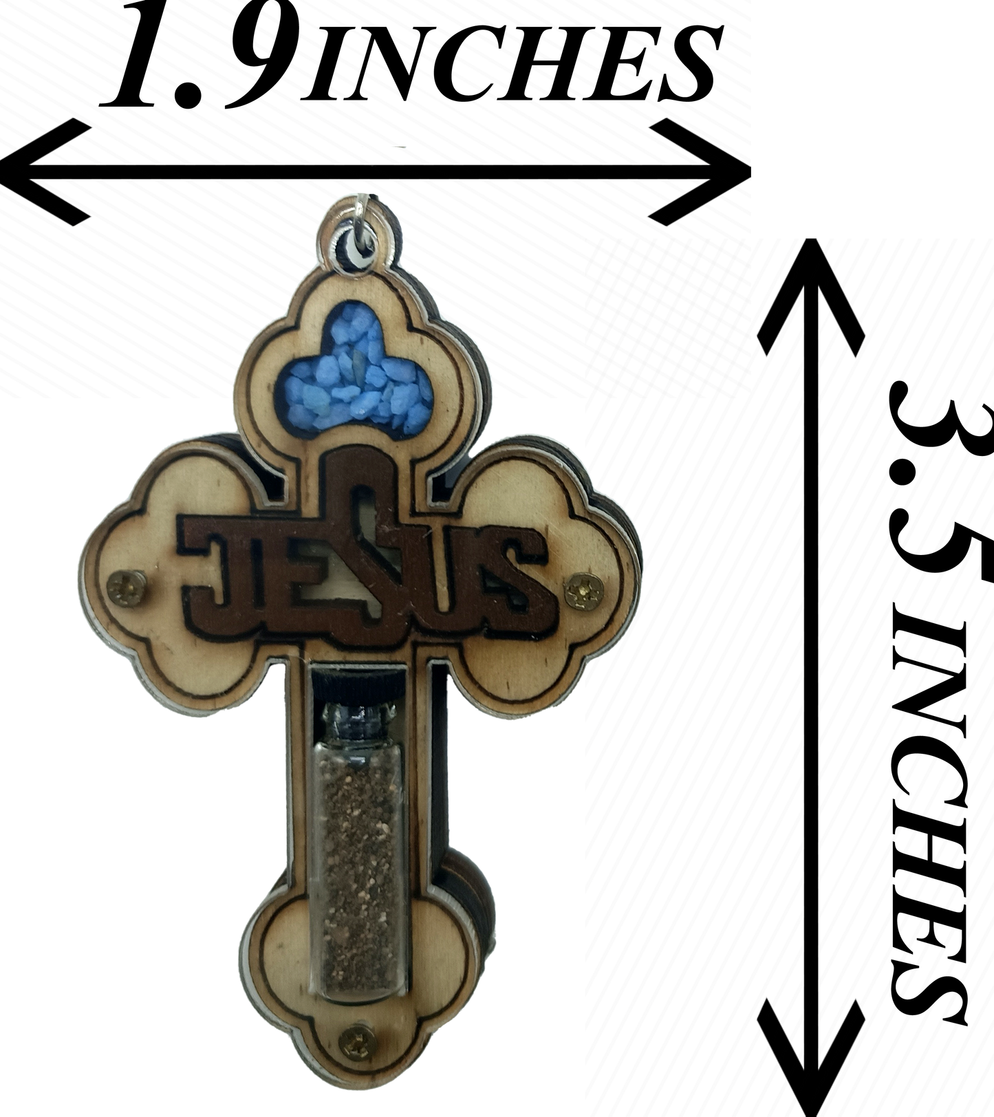 Set of 2 Holy Land Keychains – Wooden Cross with JESUS Design | Containing Holy Earth & Oil