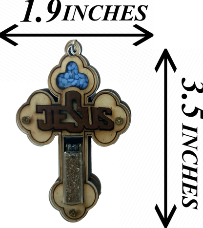 Set of 2 Holy Land Keychains – Wooden Cross with JESUS Design | Containing Holy Earth & Oil