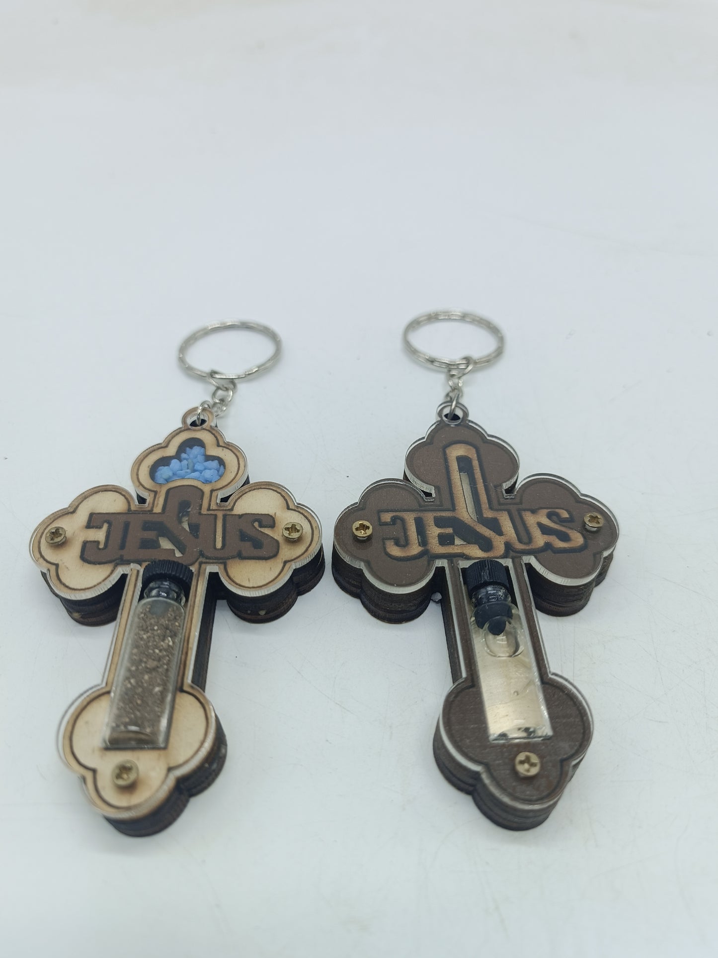 Set of 2 Holy Land Keychains – Wooden Cross with JESUS Design | Containing Holy Earth & Oil