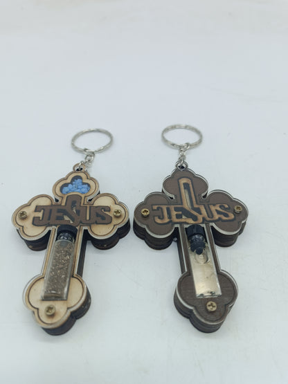 Set of 2 Holy Land Keychains – Wooden Cross with JESUS Design | Containing Holy Earth & Oil