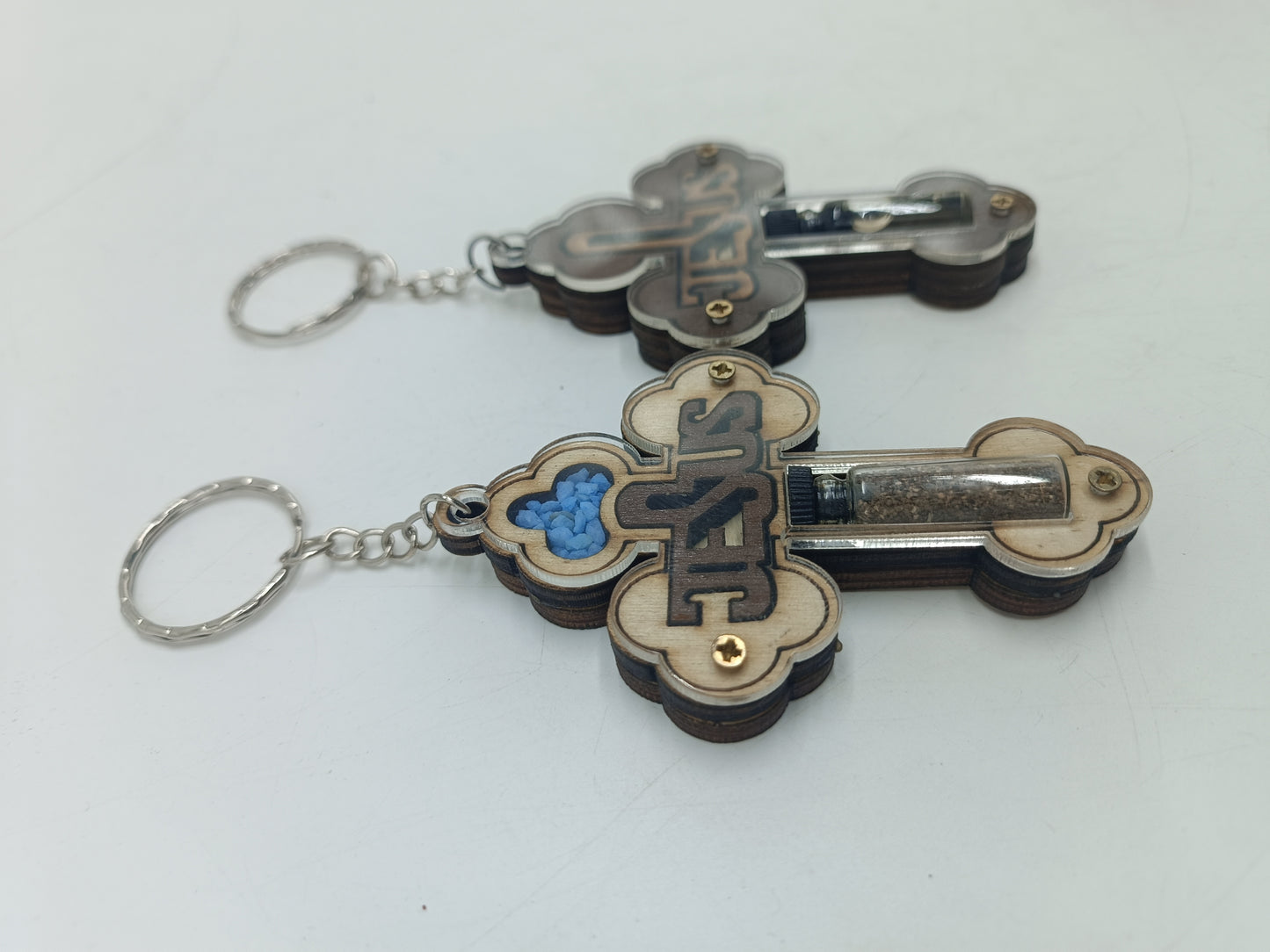 Set of 2 Holy Land Keychains – Wooden Cross with JESUS Design | Containing Holy Earth & Oil