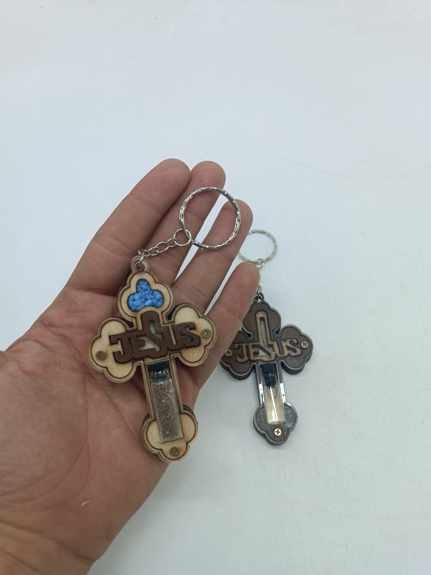 Set of 2 Holy Land Keychains – Wooden Cross with JESUS Design | Containing Holy Earth & Oil