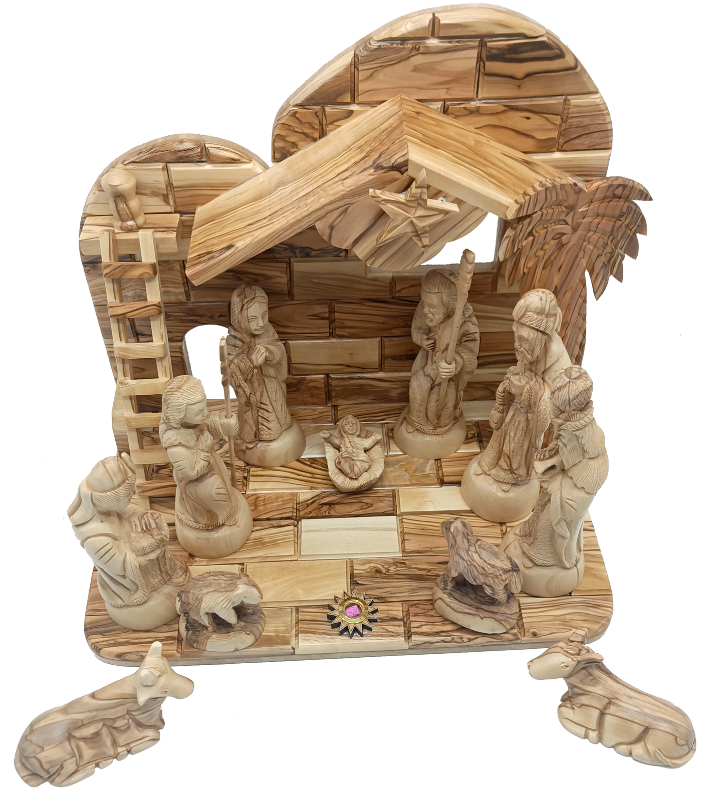 NAT207 olive wood nativity set stable with figures from Bethlehem