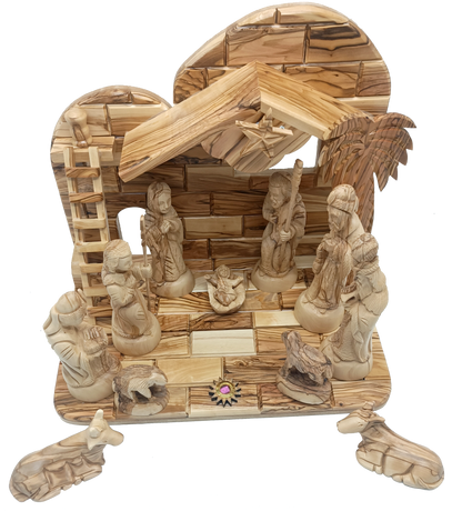 NAT207 olive wood nativity set stable with figures from Bethlehem