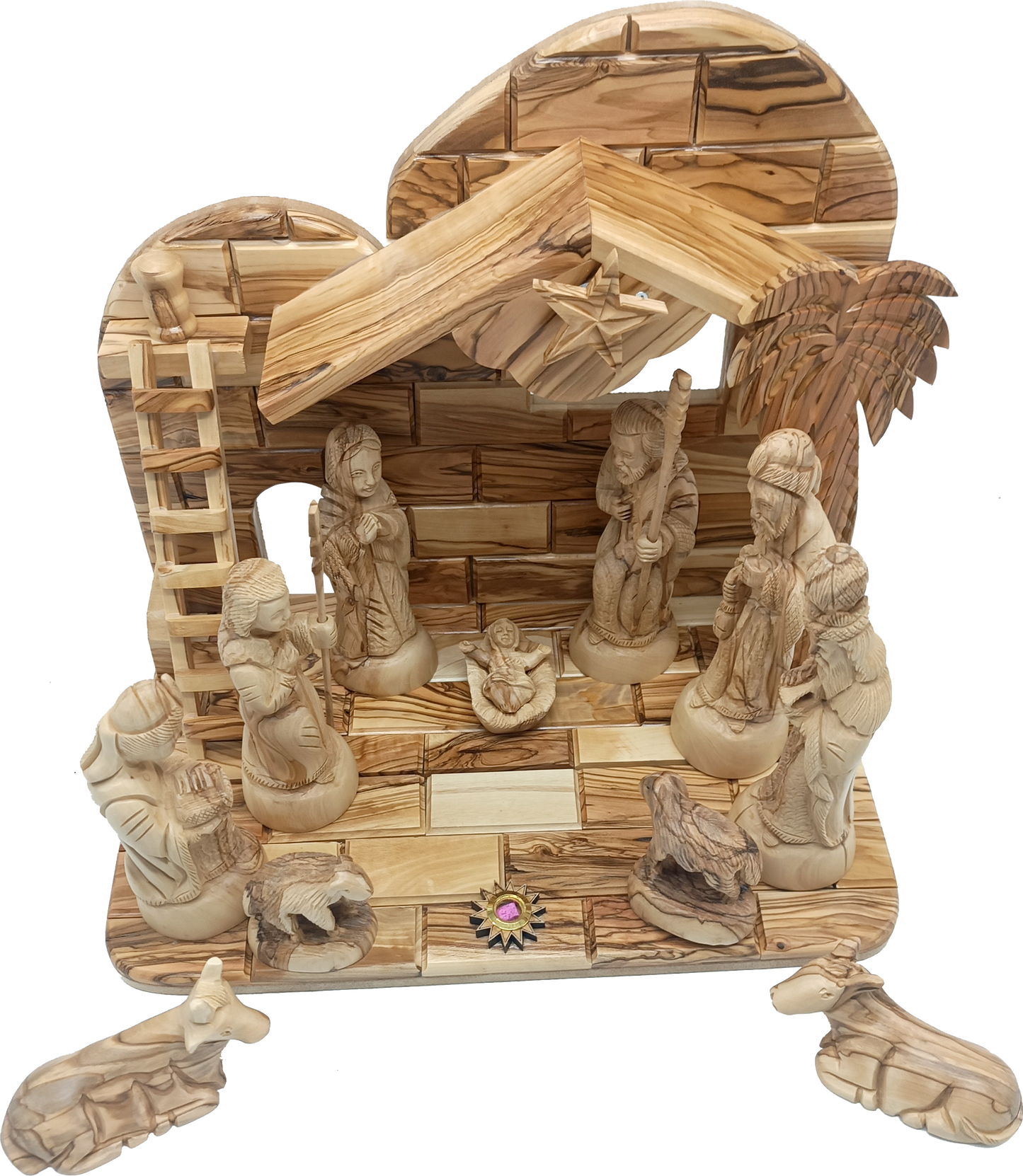 Hand-Carved Olive Wood Nativity Set from Bethlehem with Stable and Figurines (12.5 Inches Approximate)