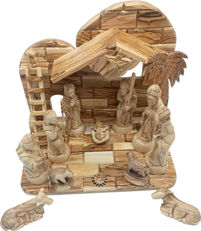 Hand-Carved Olive Wood Nativity Set from Bethlehem with Stable and Figurines (12.5 Inches Approximate)