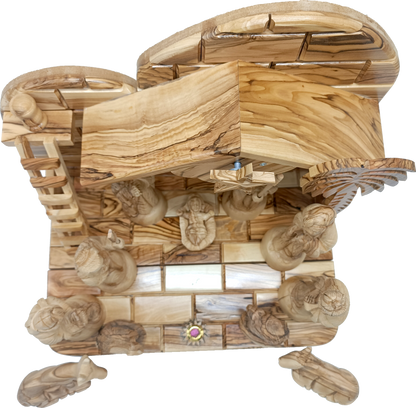 Hand-Carved Olive Wood Nativity Set from Bethlehem with Stable and Figurines (12.5 Inches Approximate)
