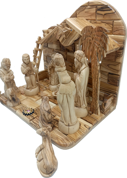 Hand-Carved Olive Wood Nativity Set from Bethlehem with Stable and Figurines (12.5 Inches Approximate)