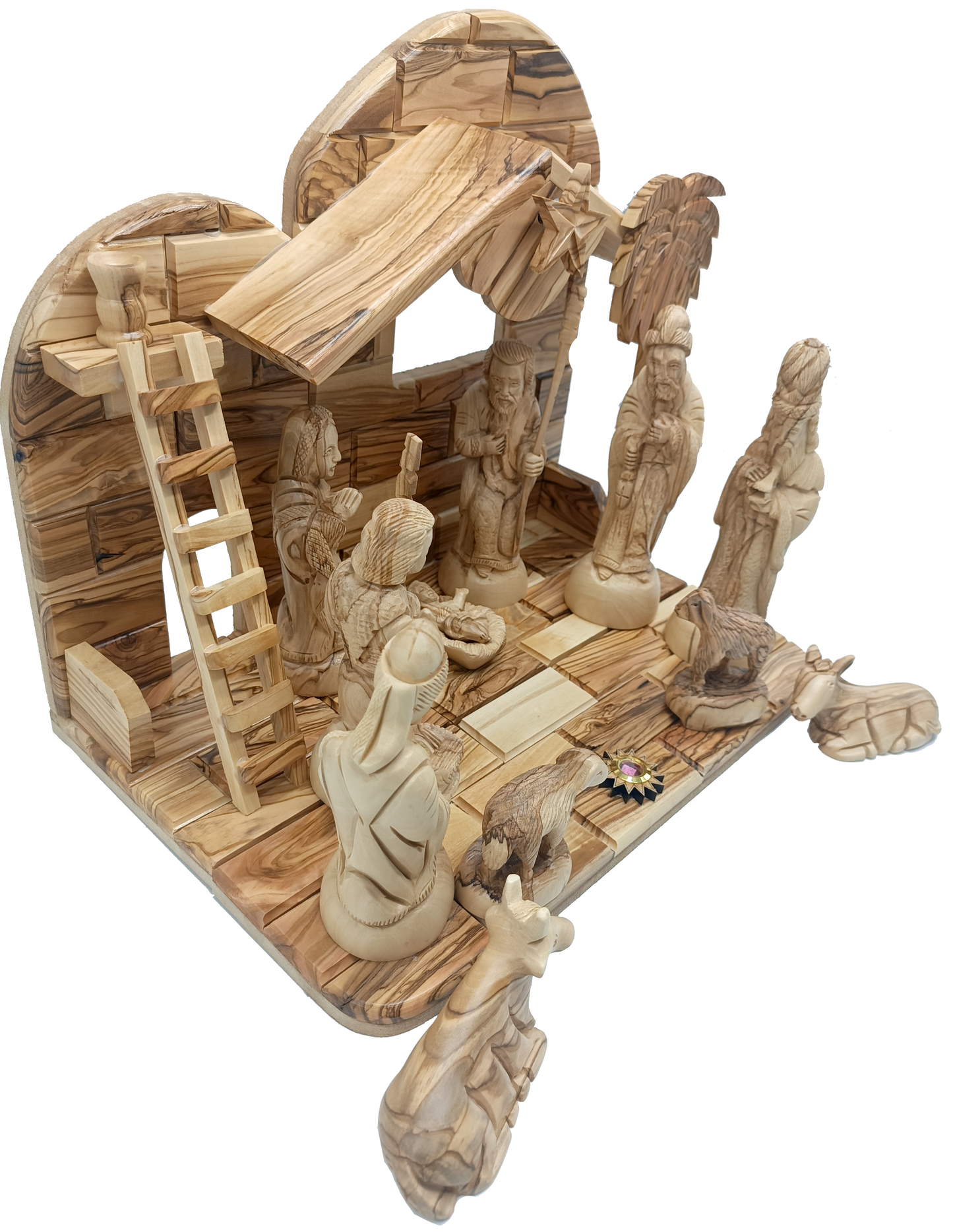 Hand-Carved Olive Wood Nativity Set from Bethlehem with Stable and Figurines (12.5 Inches Approximate)