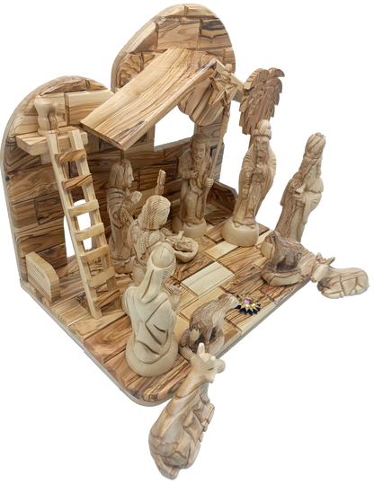 Hand-Carved Olive Wood Nativity Set from Bethlehem with Stable and Figurines (12.5 Inches Approximate)