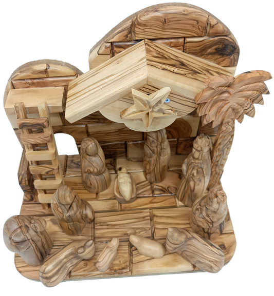 Premium Olive Wood Nativity Scene from Bethlehem - Stable with Figures