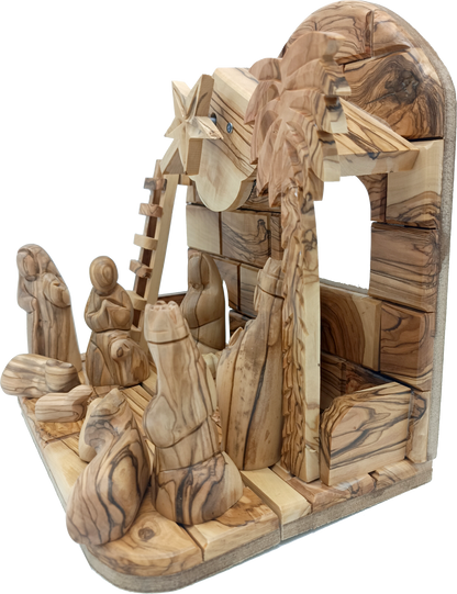 Premium Hand-Carved Olive Wood Nativity Scene from Bethlehem with 12 Figurines and Stable (9.8 Inches Approximate)
