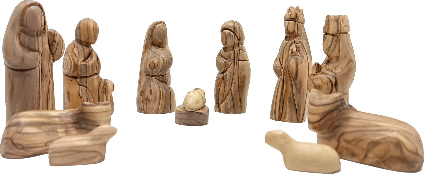 Premium Hand-Carved Olive Wood Nativity Scene from Bethlehem with 12 Figurines and Stable (9.8 Inches Approximate)