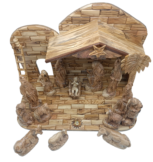 NAT208 olive wood nativity set stable with figures from Bethlehem