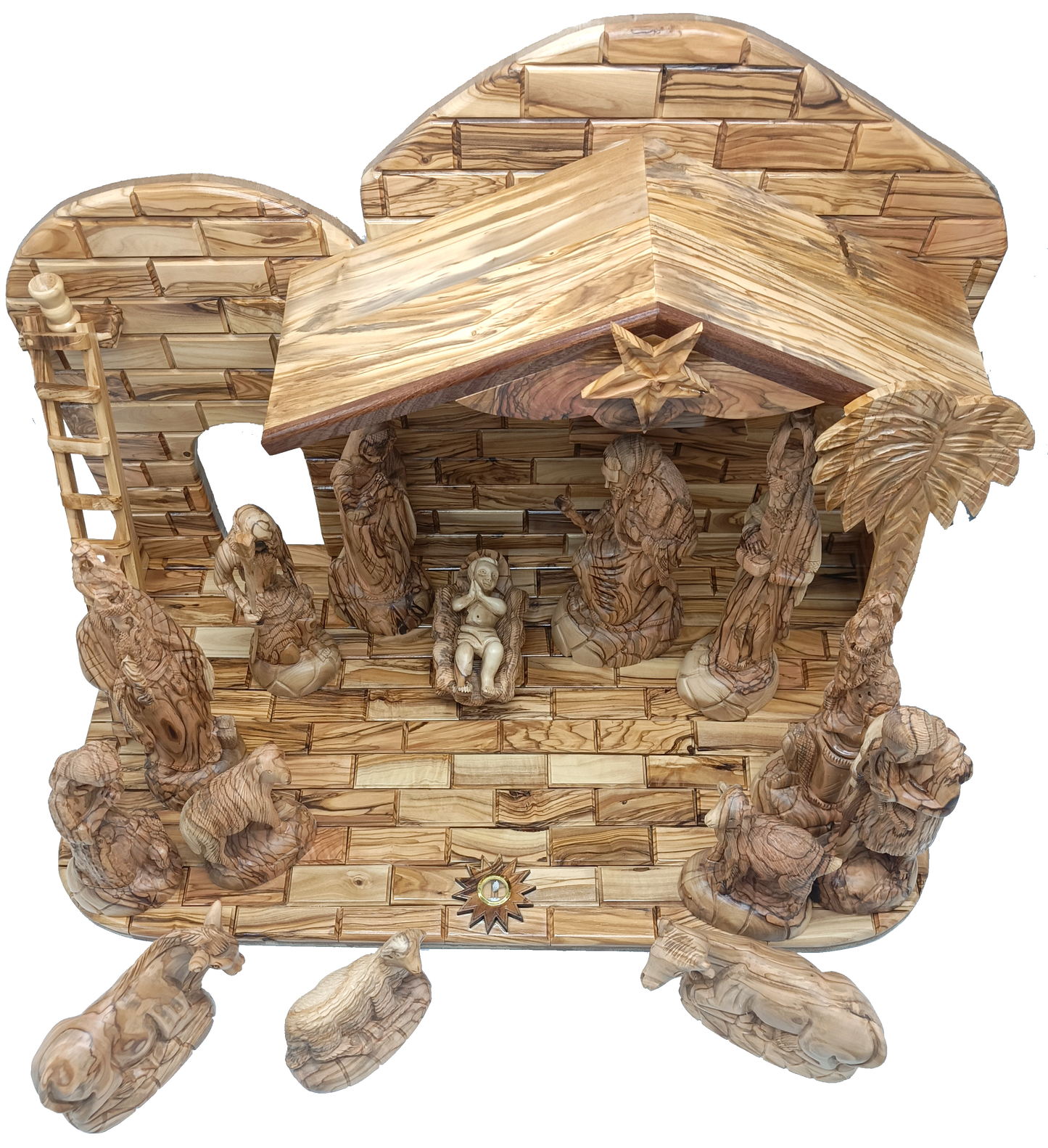 Luxury Olive Wood Nativity Set from Bethlehem with Hand-Carved Stable and 17 Figurines (17.7 Inches Approximate)