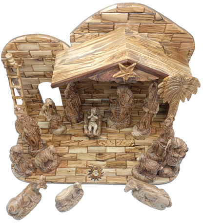 Luxury Olive Wood Nativity Set from Bethlehem with Hand-Carved Stable and 17 Figurines (17.7 Inches Approximate)