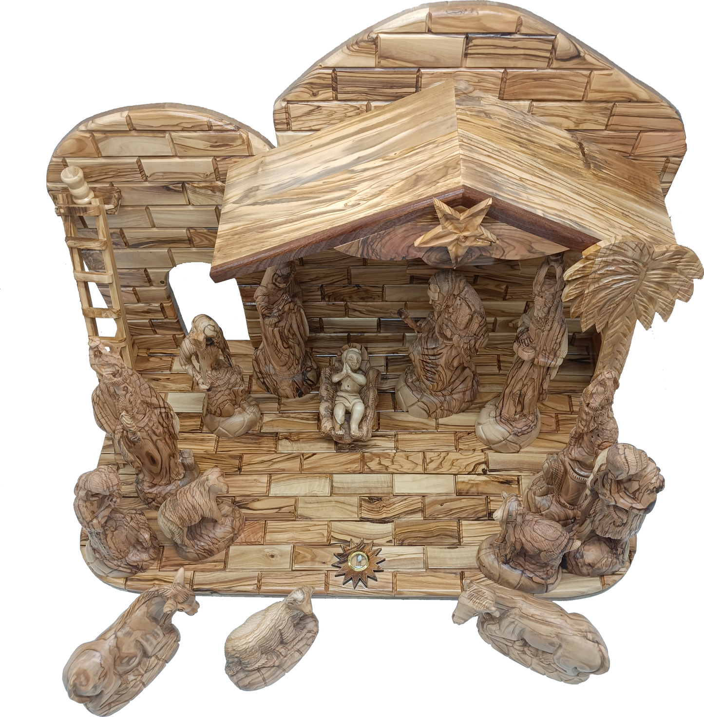 Luxury Olive Wood Nativity Set from Bethlehem with Hand-Carved Stable and 17 Figurines (17.7 Inches Approximate)