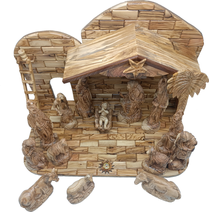 Luxury Olive Wood Nativity Set from Bethlehem with Hand-Carved Stable and 17 Figurines (17.7 Inches Approximate)